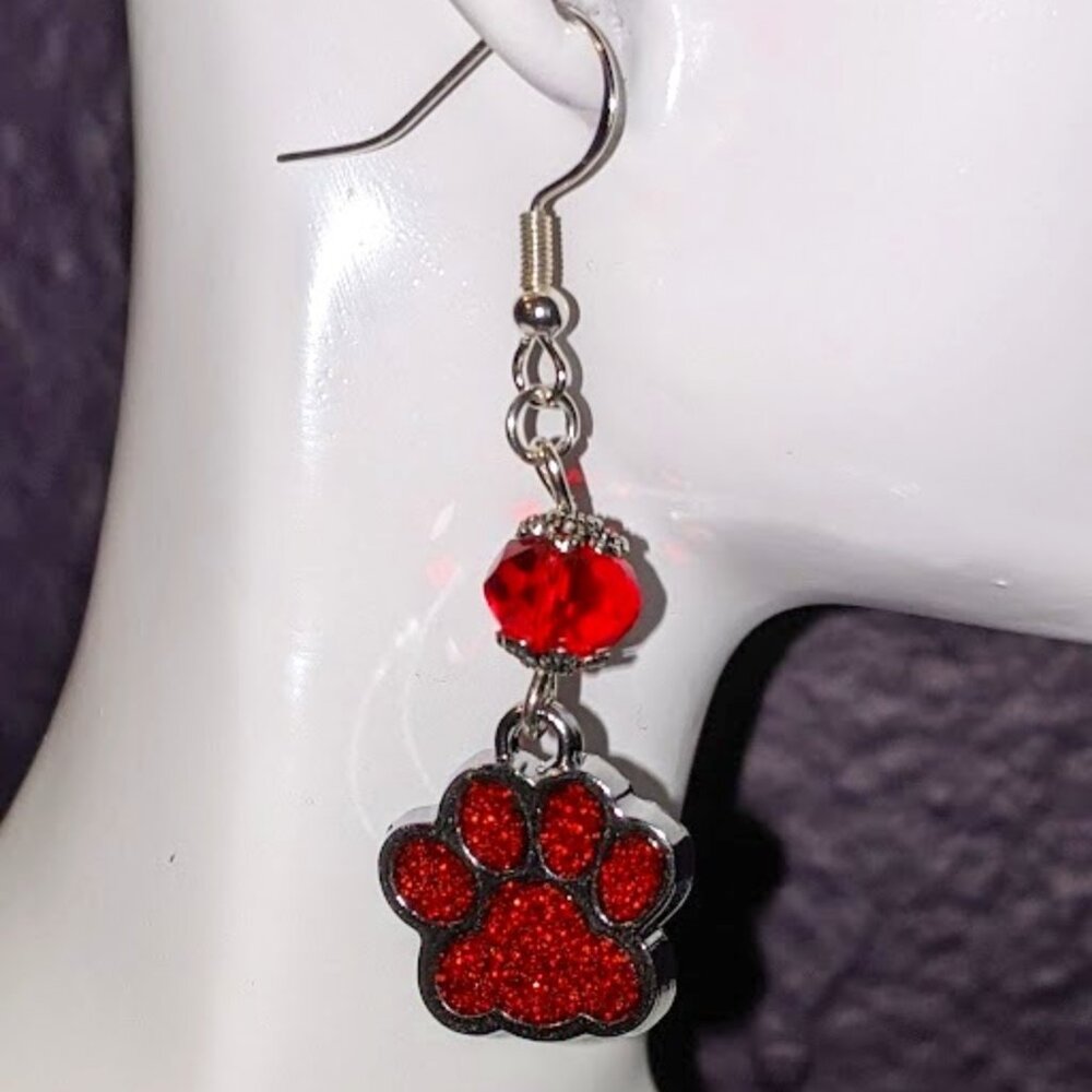 BOGO Ruby Red Sparkle Paw Print Earrings (Smooth Facet)